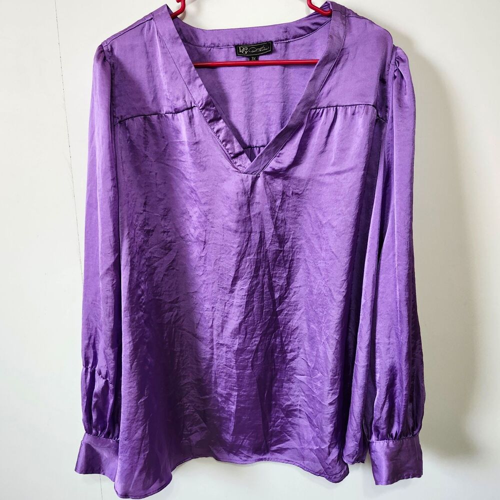 DG2 Diane Gilman Violet Satin Top Long Sleeve V-Neck Pleated Plus Size 3X